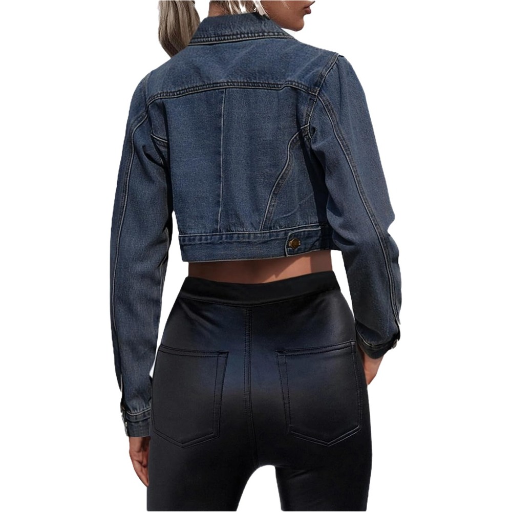 GRABSA Women's Button Down Long Sleeve Cropped Denim Jean Jacket Pockets - Picture 3 of 4
